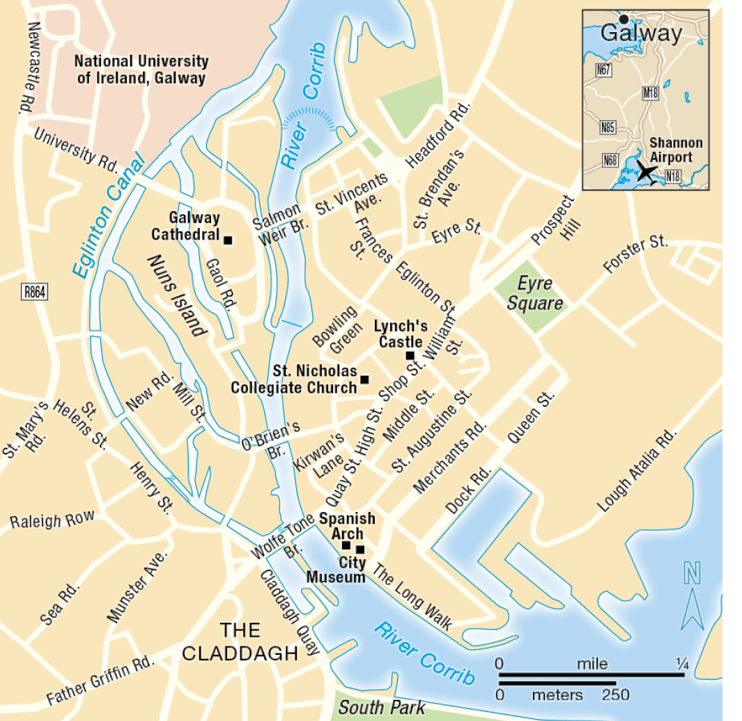 A map of a city with a river running through it. Description generated by AI