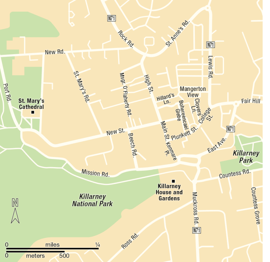 A map of a city with streets and landmarks. Description generated by AI