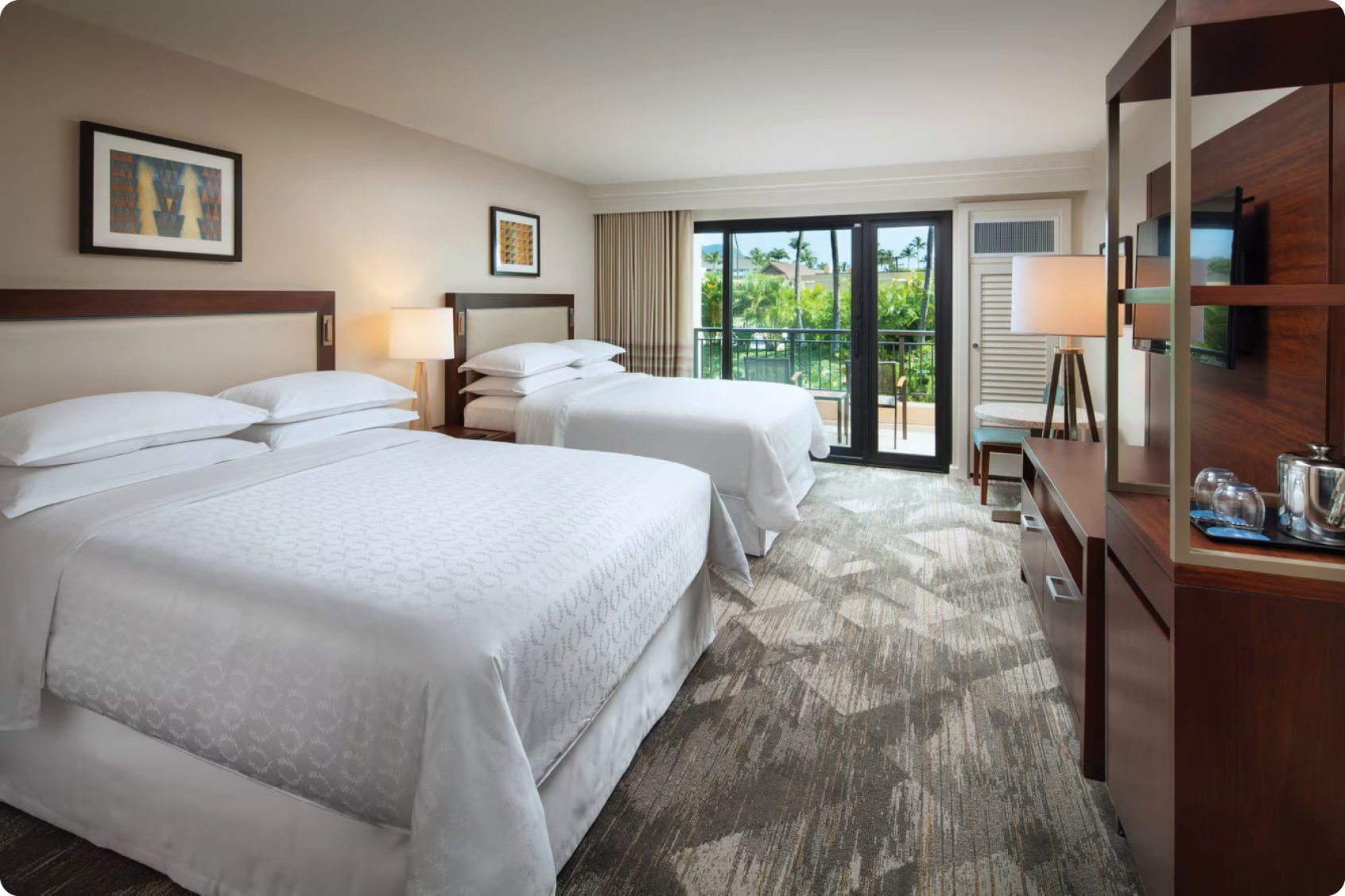 A hotel room with two beds, one on the left and one on the right. The room has a brown and white color scheme. The beds are made with white sheets and pillows. There is a TV on the right side of the room. The room also has a desk with a cup on it. AI generated content