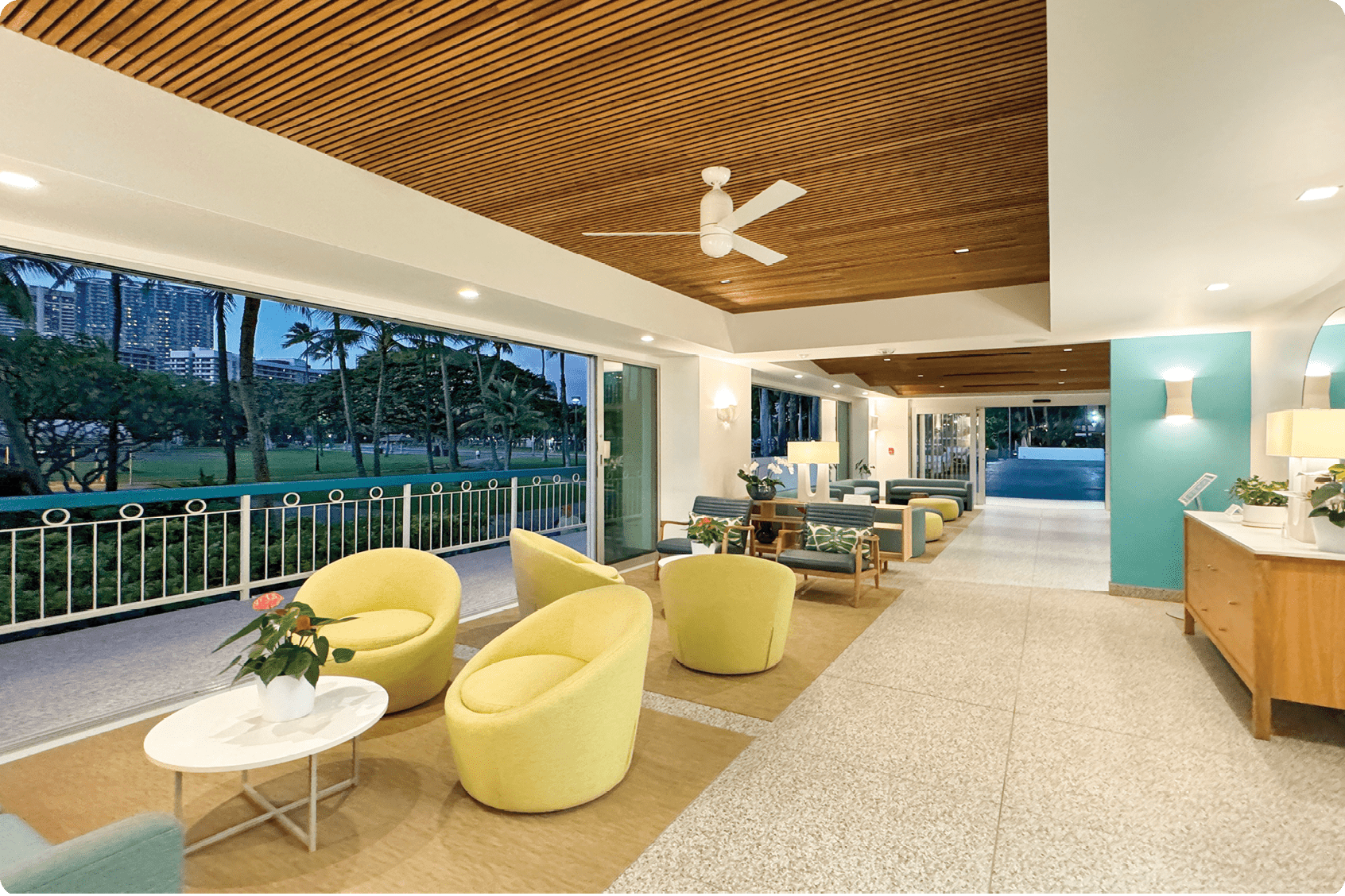 A living room with a couch, chairs, and a dining table. A ceiling fan is present. AI generated content