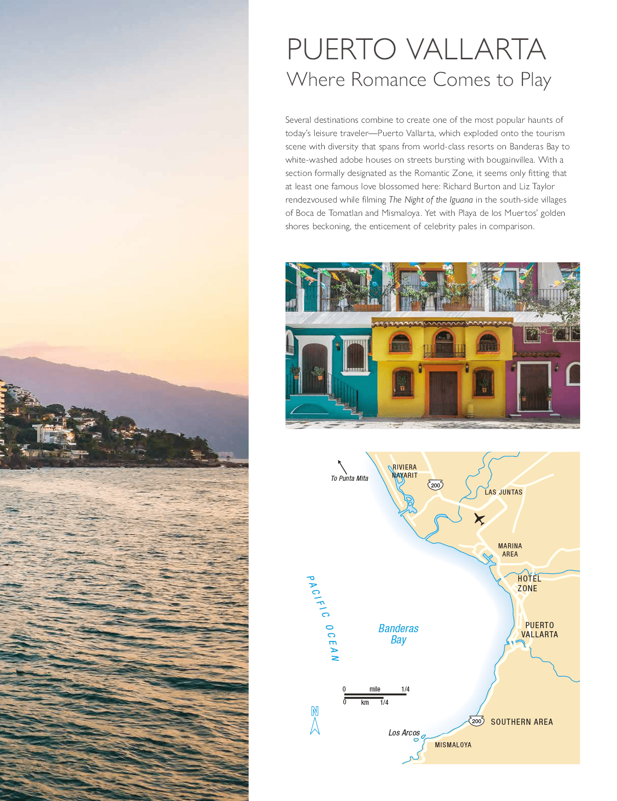 A map of Puerto Vallarta shows the location of the colorful buildings and the ocean. AI generated content