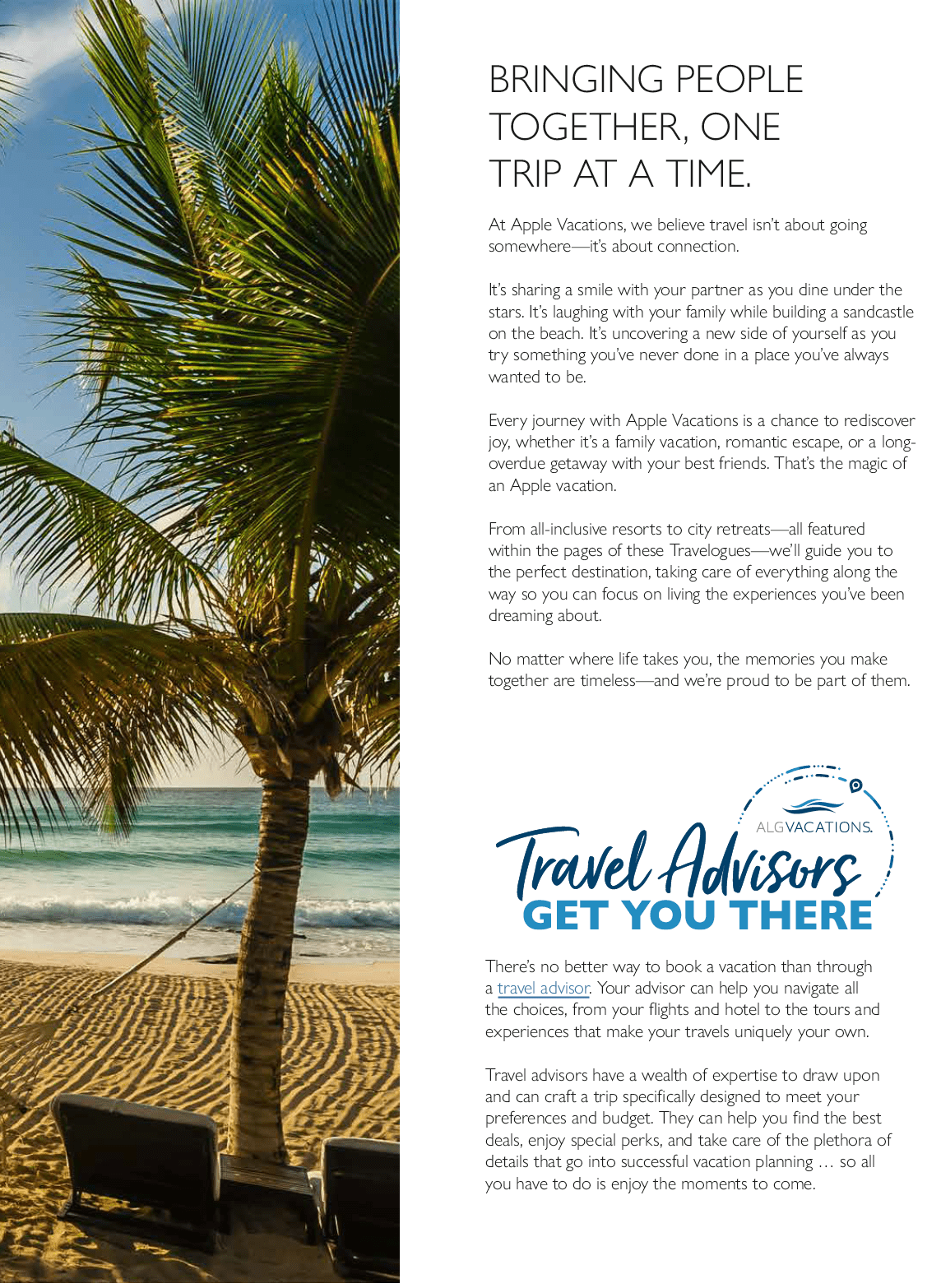 A magazine advertisement for Travel Advisors features a picture of a beach with a palm tree and a chair. The advertisement is promoting a vacation package. AI generated content