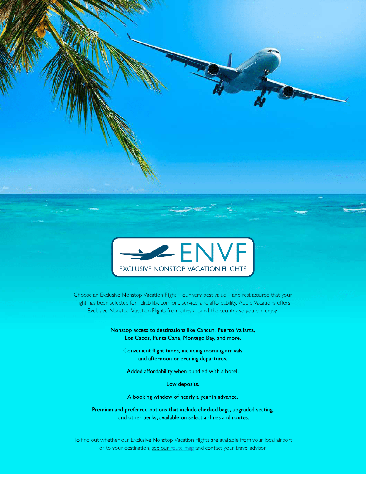 A blue and white advertisement for a vacation company. AI generated content