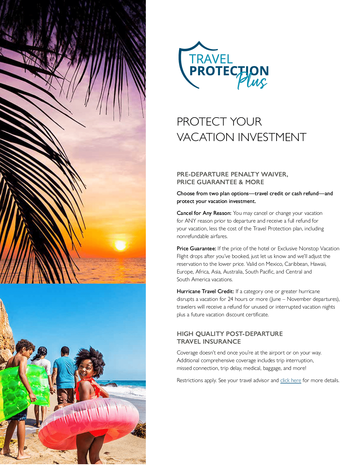 A brochure for travel protection plus features a picture of a woman in a bikini on the beach. AI generated content