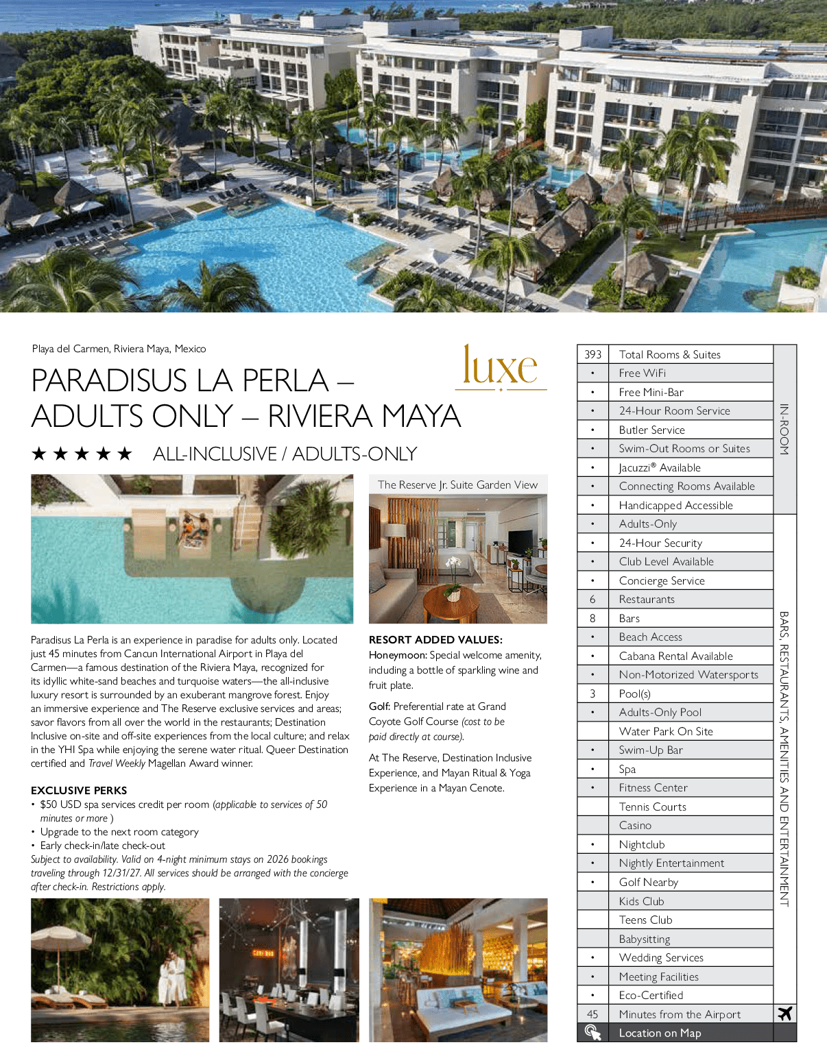 A brochure for a resort in Mexico, Paradisus La Perla, is shown. The resort features a large pool, beach, and ocean view. The brochure also includes a list of amenities and services available to guests. AI generated content