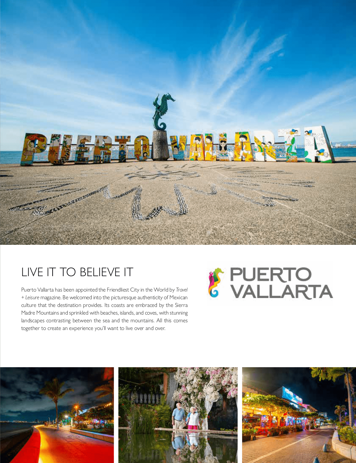 Colorful large letters spelling “Puerto Vallarta" stand on a waterfront promenade under a blue sky with a seahorse sculpture in the center, accompanied by smaller images of people walking near flowers and vibrant nighttime street scenes. Description generated by AI