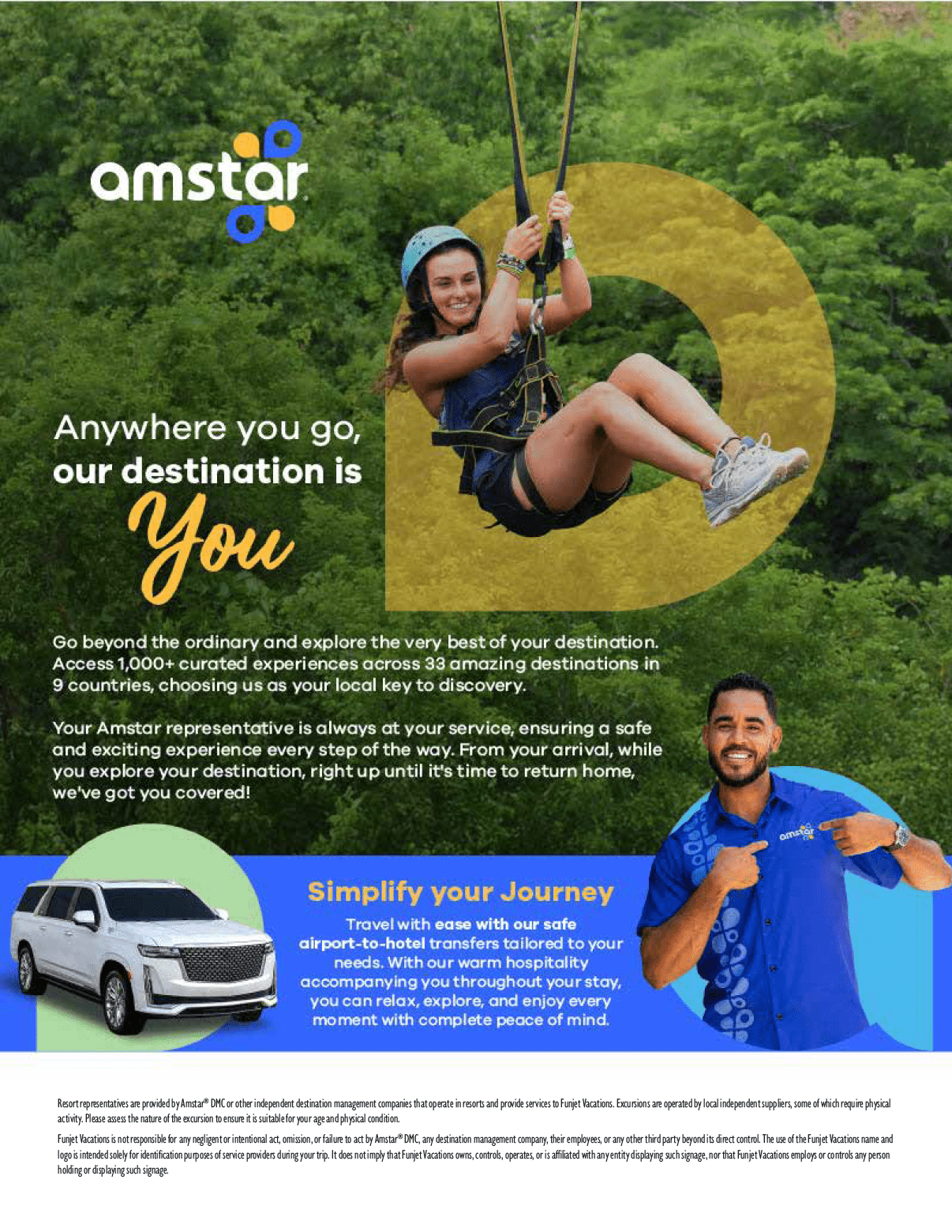 A man in a blue shirt is pointing at a picture of a woman on a zip line. AI generated content