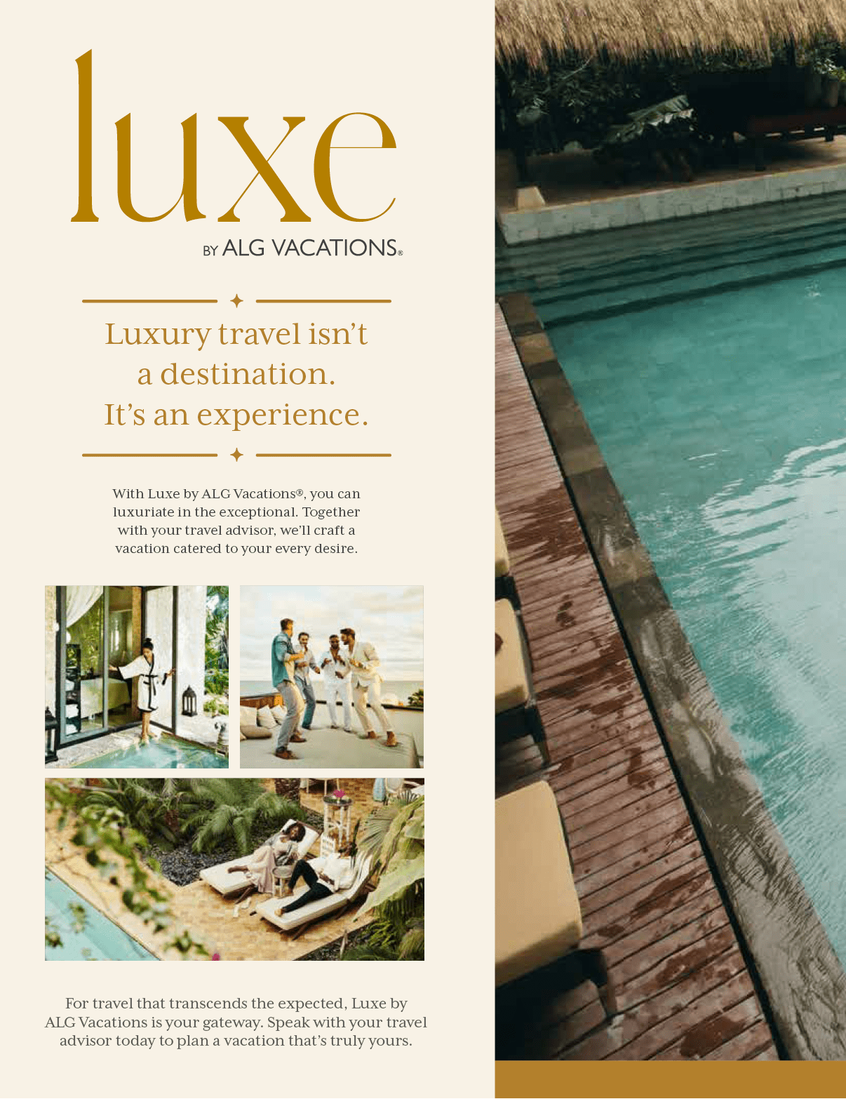 A magazine advertisement for luxury vacations, featuring a pool and people enjoying the experience. AI generated content