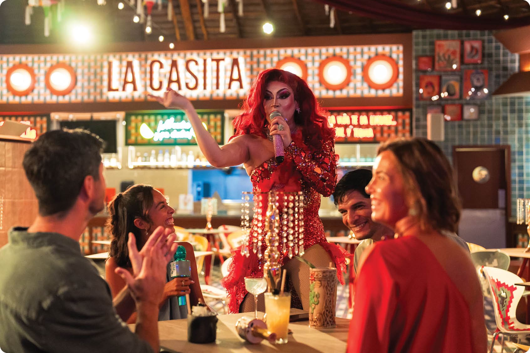 A woman in a red dress is singing at a bar. AI generated content