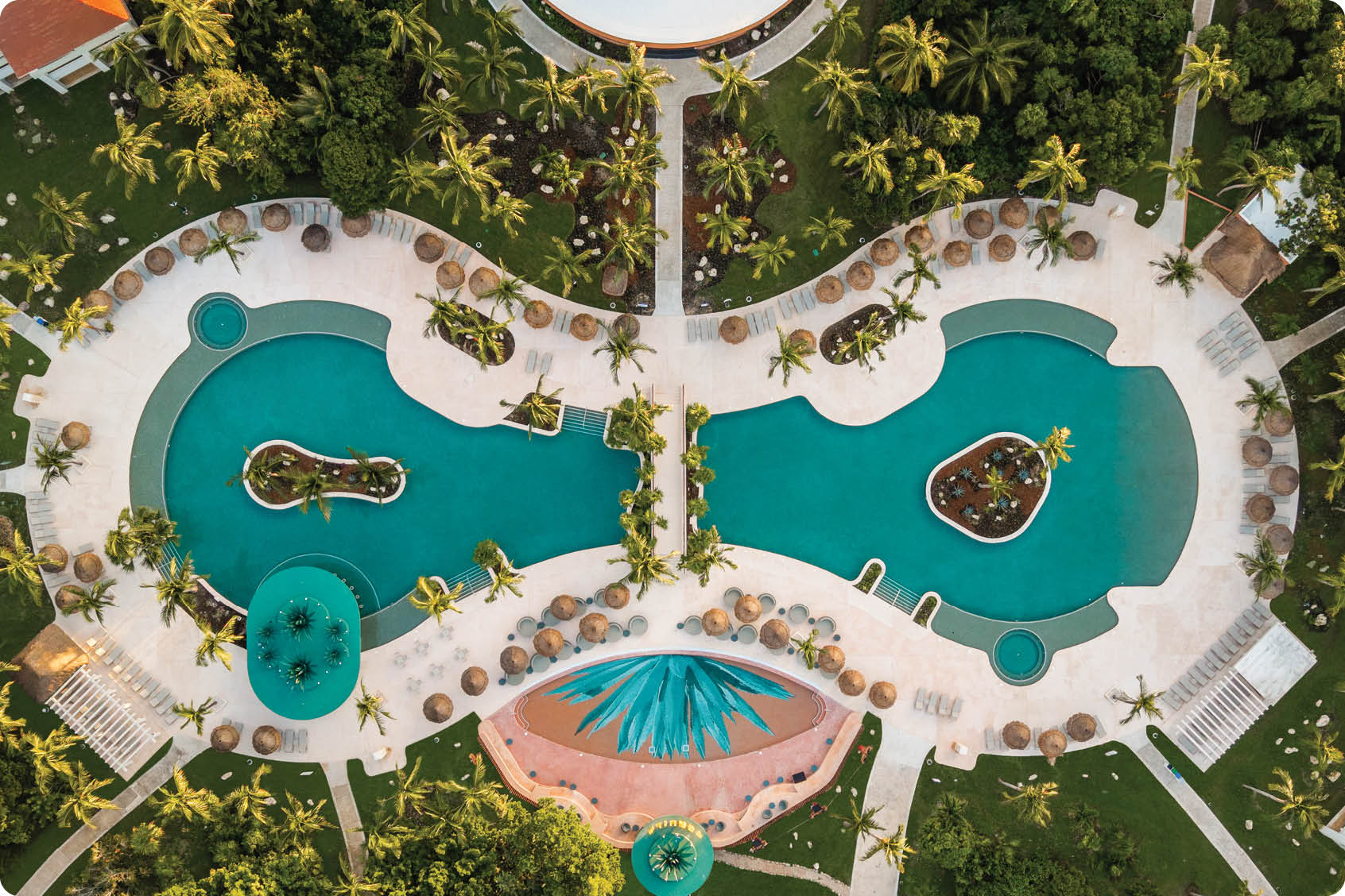 A large, open-air swimming pool with a unique design. AI generated content