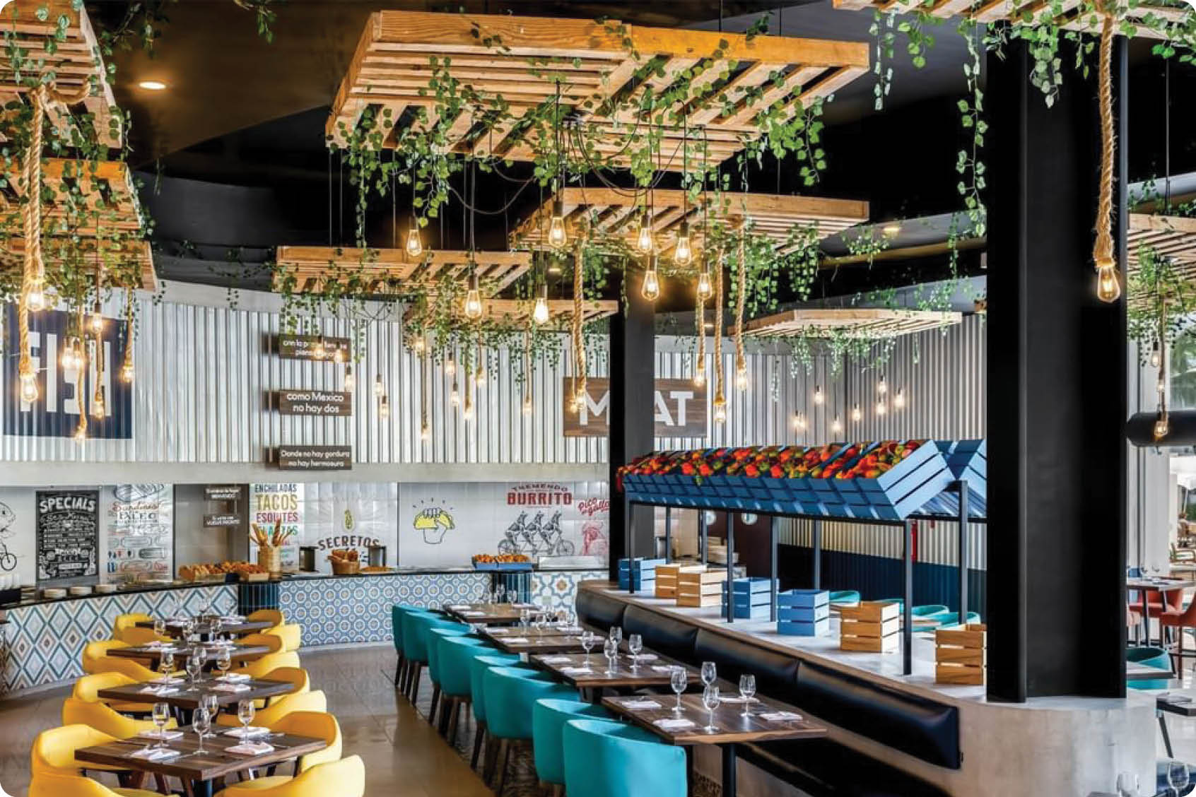 A restaurant with a blue and yellow color scheme. AI generated content