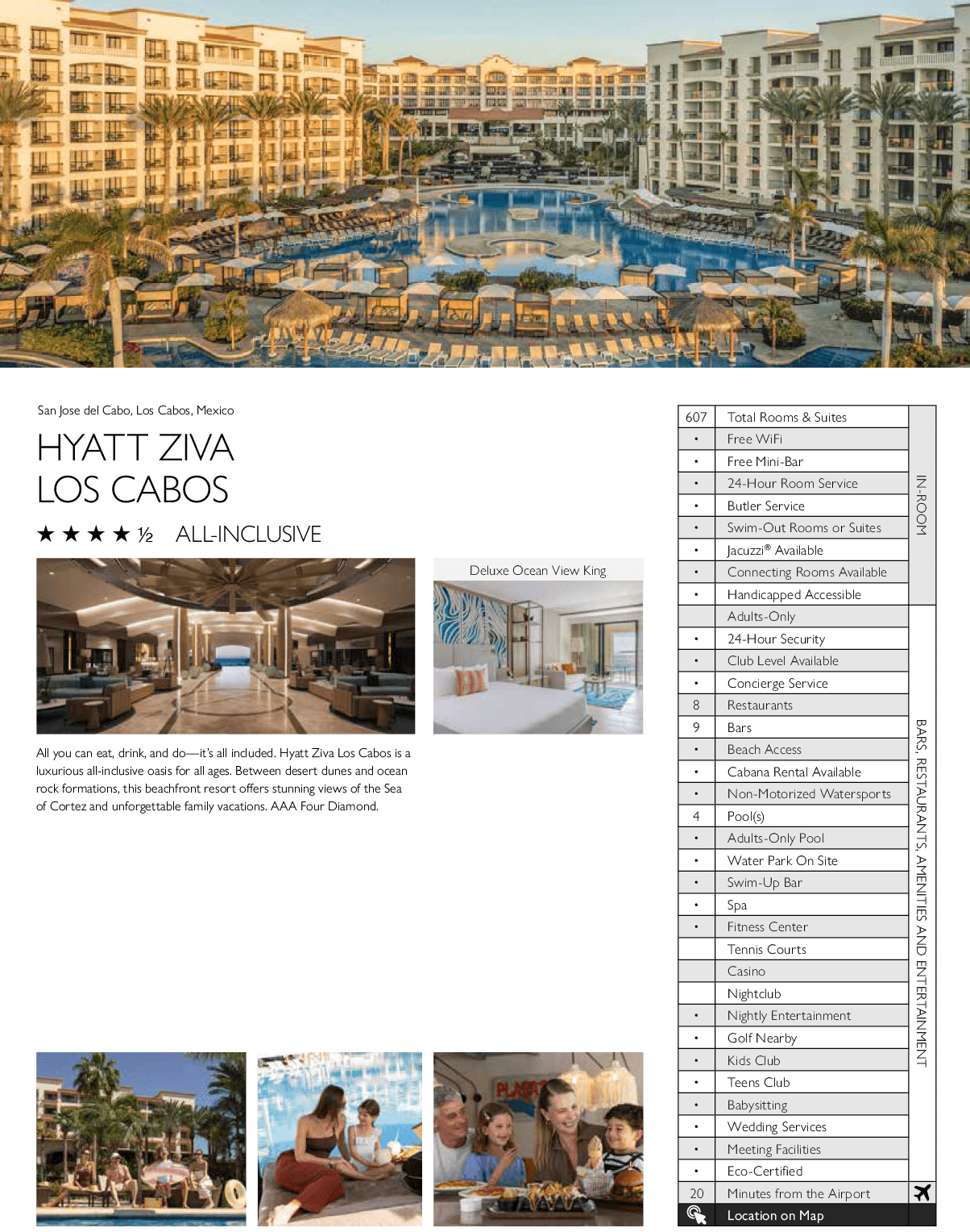 A brochure for Hyatt Ziva Los Cabos shows a map of the resort and its amenities. AI generated content